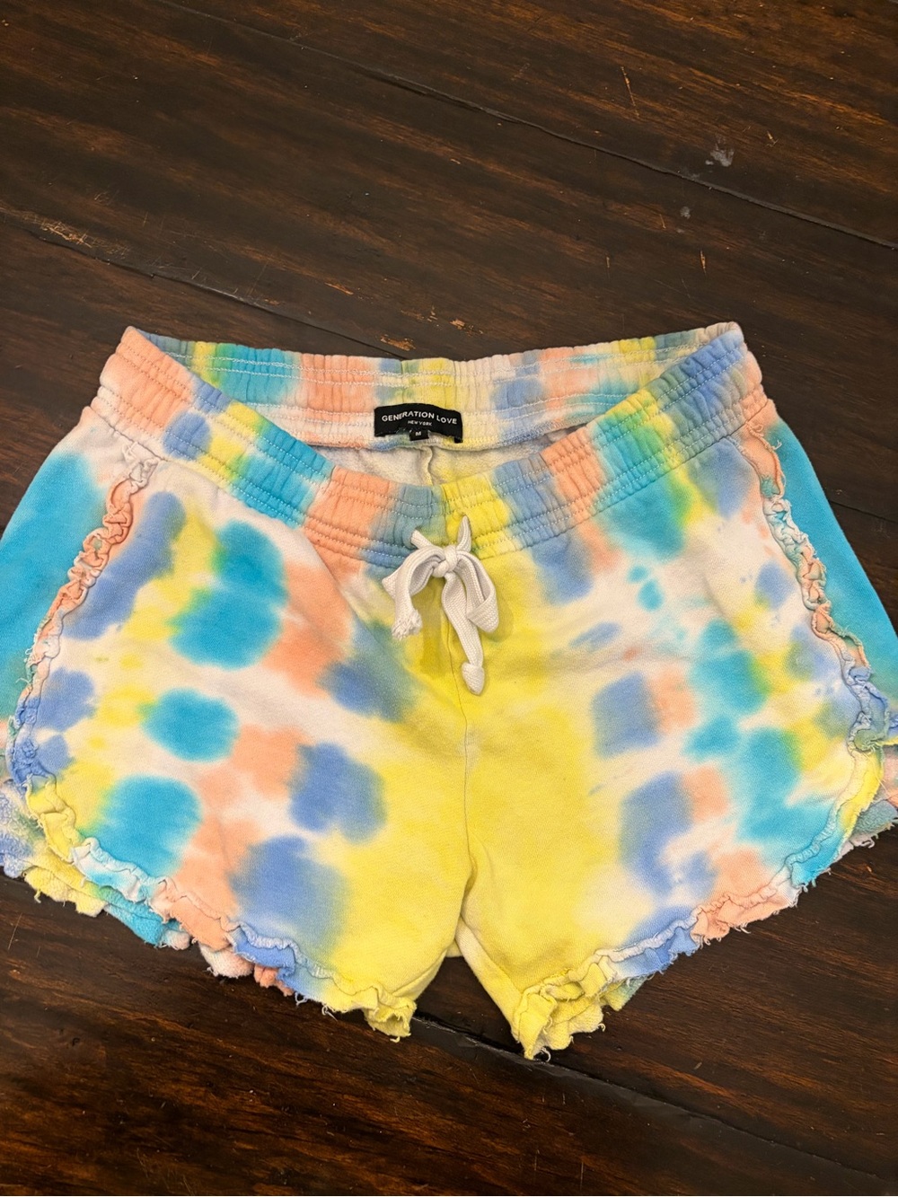 Generation Love Pastel Tie-Dye Ruffle Shorts - Yellow, Blue, Peach size medium